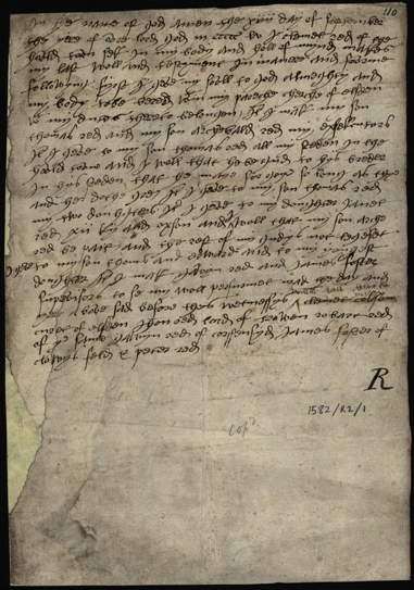 Image of the 1555 will of Clemet Red of Elsdon. Ref: DPRI/1/1582/R2/1