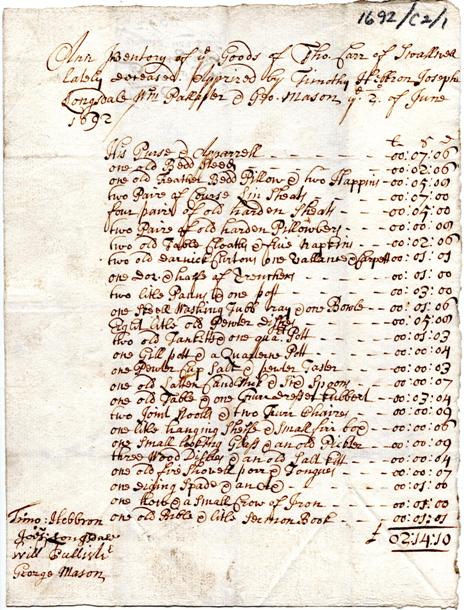 Full image of the inventory of Thomas Carr. Ref: DPRI/1/1692/C2/1