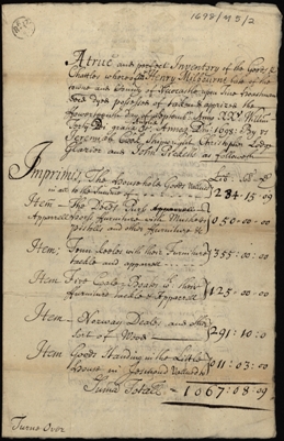 Image of the Inventory of Henry Milbourne gentleman of Newcastle upon Tyne, hoastman. Ref: DPRI/1/1698/M5/2