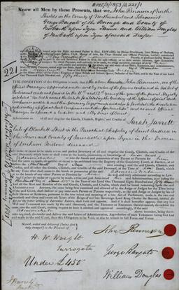 Image of the Administration bond for the estate of Sarah Jarrett of Blackett Street, Newcastle upon Tyne, widow. Ref: DPRI/3/1852/A221