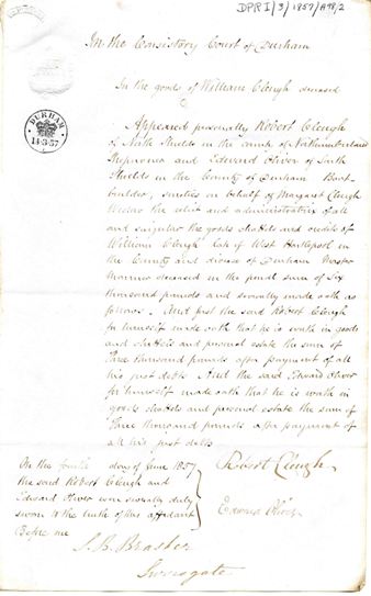 Full image of the affidavit of Robert Cleugh and Edward Oliver. Ref: DPRI/3/1857/A98/2