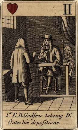 Image of a contemporary playing card, depicting a scene from the Titus Oates plot. Ref: Gentleman's Magazine, NS vol.32, 1849.